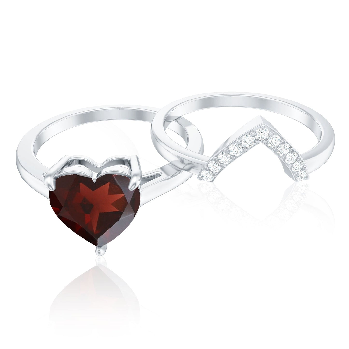 Real 4 Carat Garnet Diamond Heart Shaped Wedding Engagement Ring Set of 2