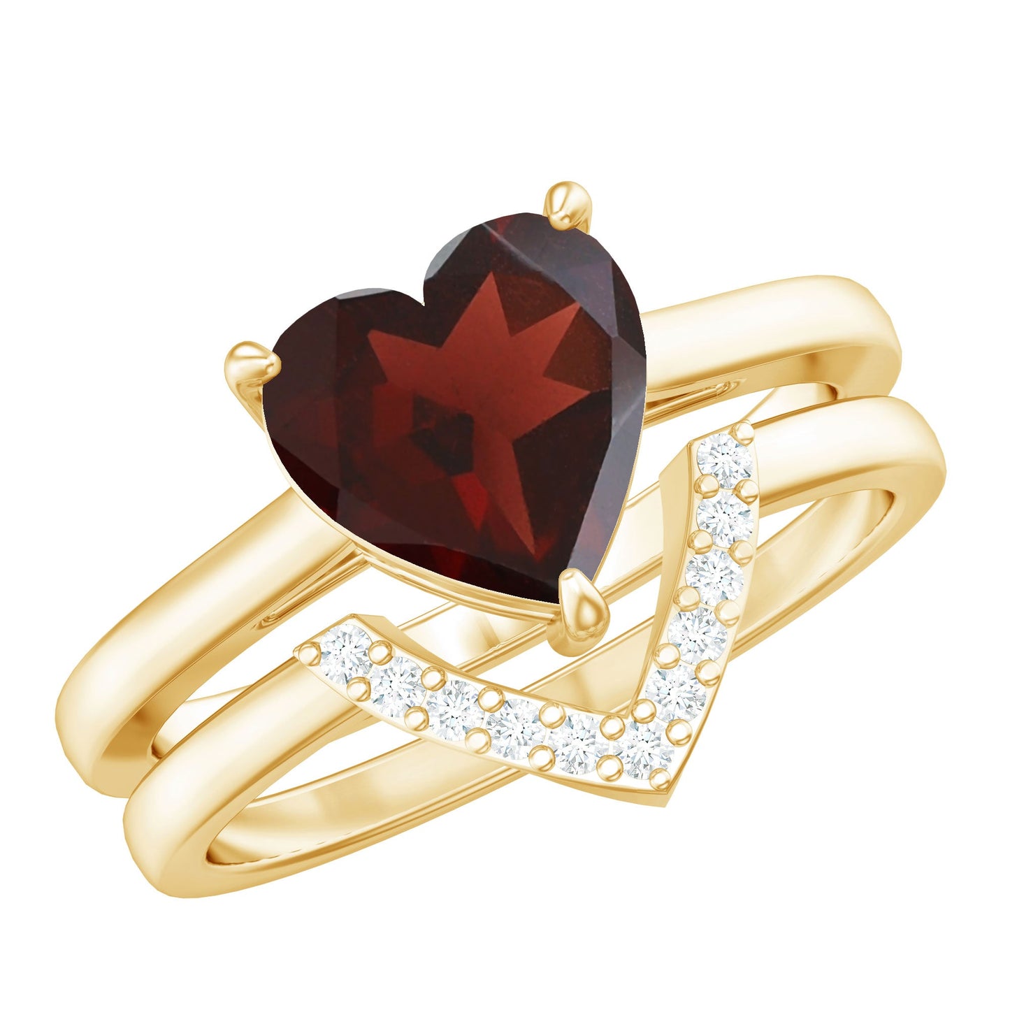 Real 4 Carat Garnet Diamond Heart Shaped Wedding Engagement Ring Set of 2