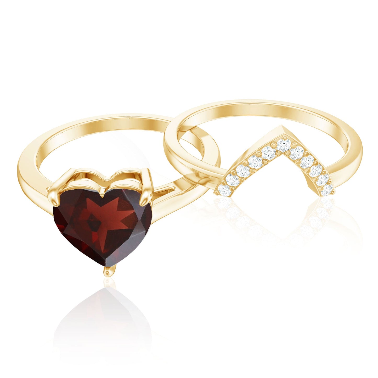 Real 4 Carat Garnet Diamond Heart Shaped Wedding Engagement Ring Set of 2