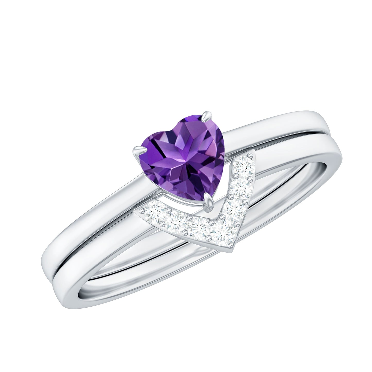 Natural Heart Shape Amethyst Engagement Ring Set with Diamond