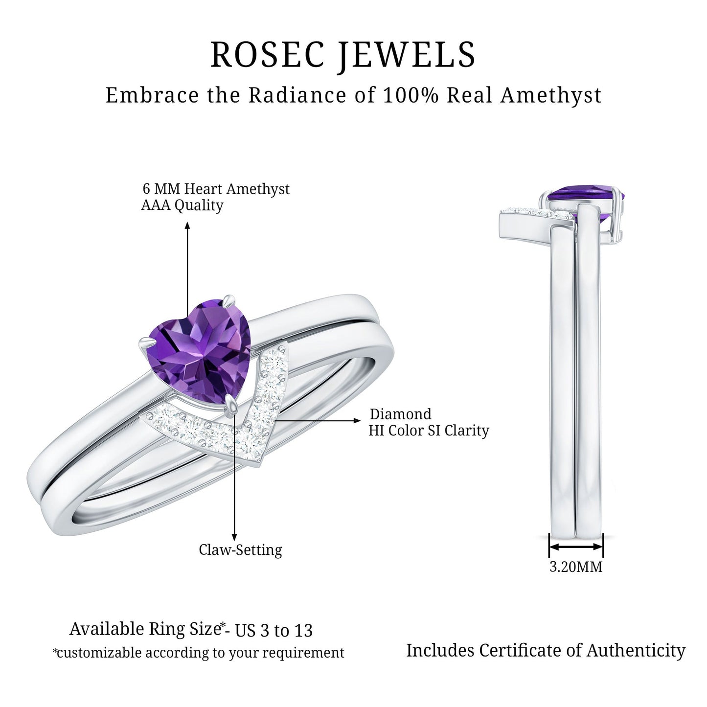 Natural Heart Shape Amethyst Engagement Ring Set with Diamond