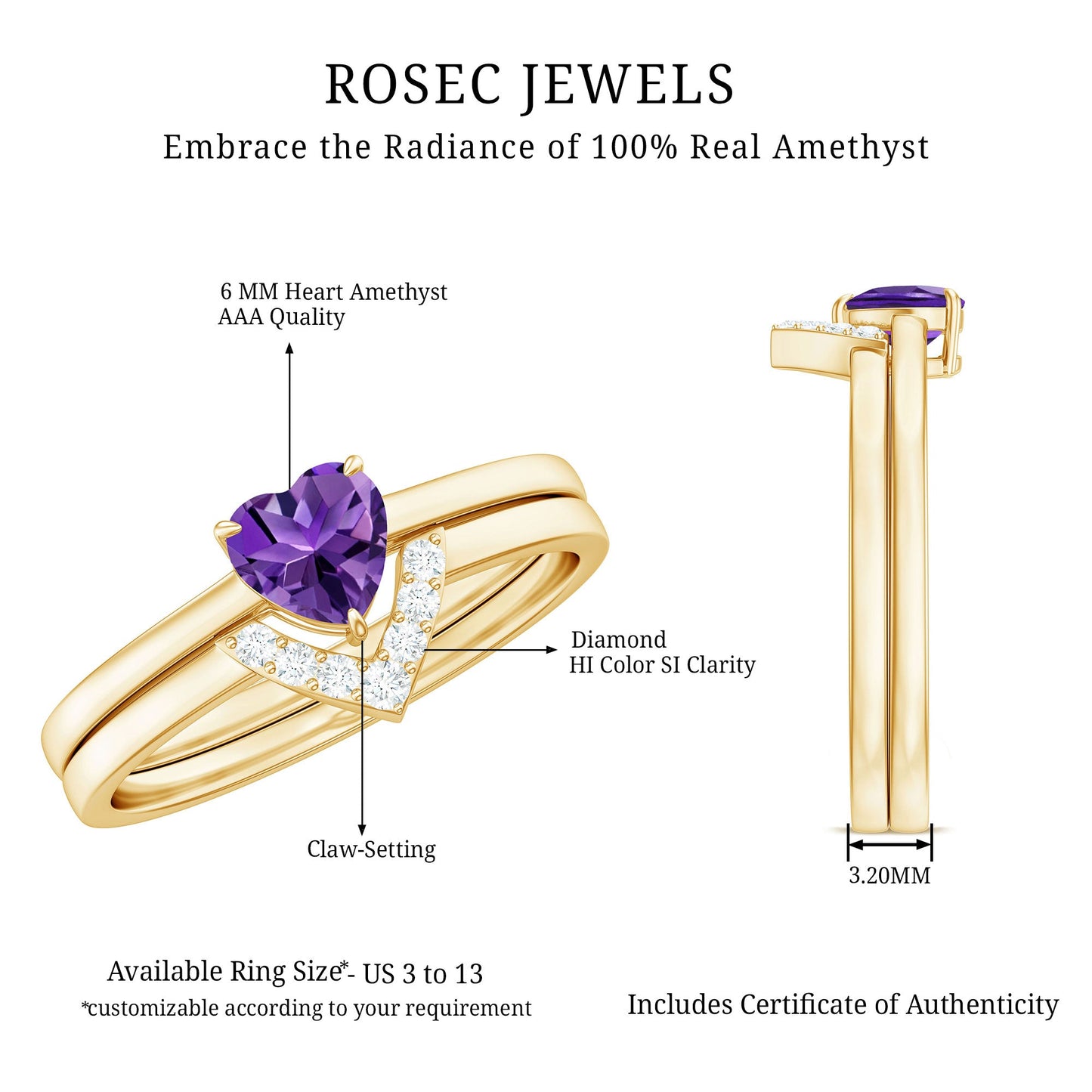 Natural Heart Shape Amethyst Engagement Ring Set with Diamond