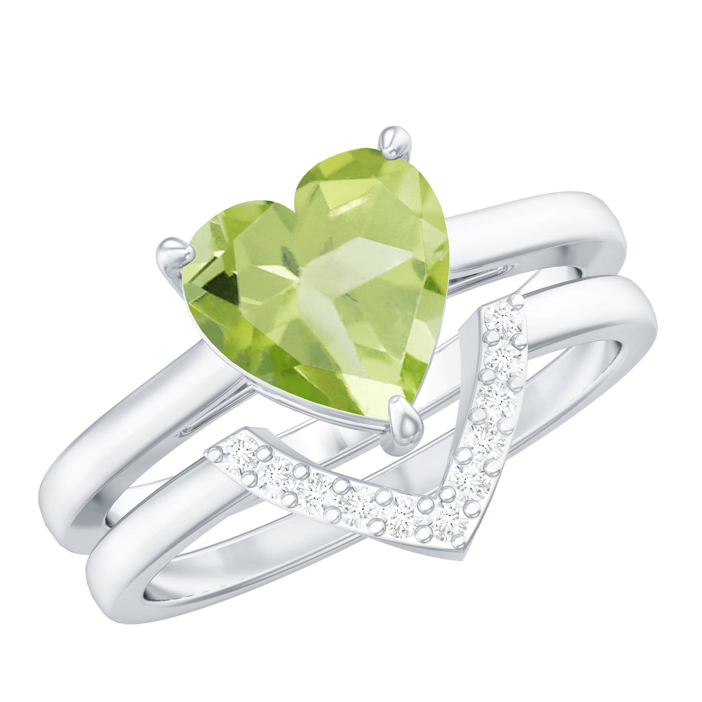 Natural 2 Carat Heart Shape Peridot Wedding Ring Set of 2 with Diamond