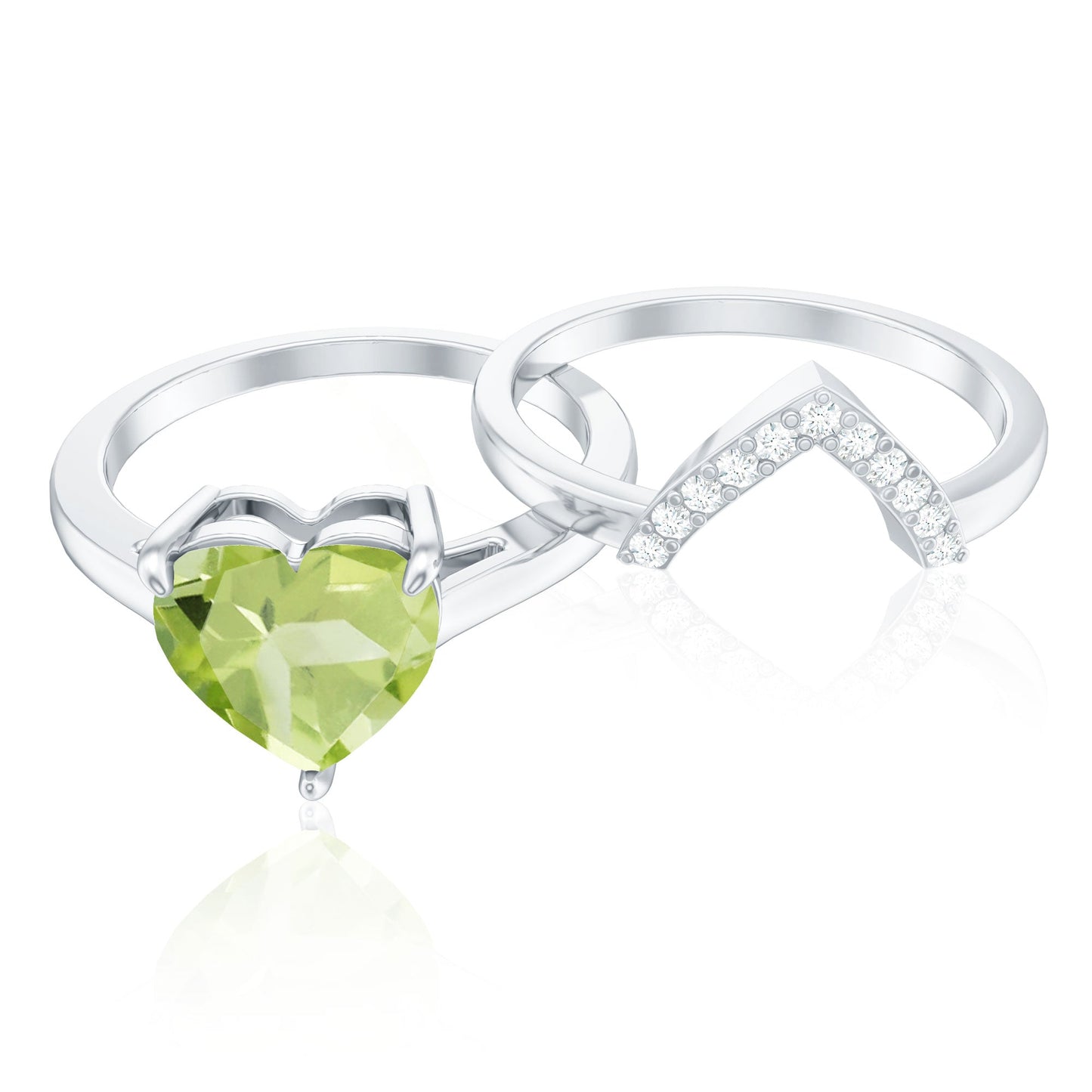Natural 2 Carat Heart Shape Peridot Wedding Ring Set of 2 with Diamond