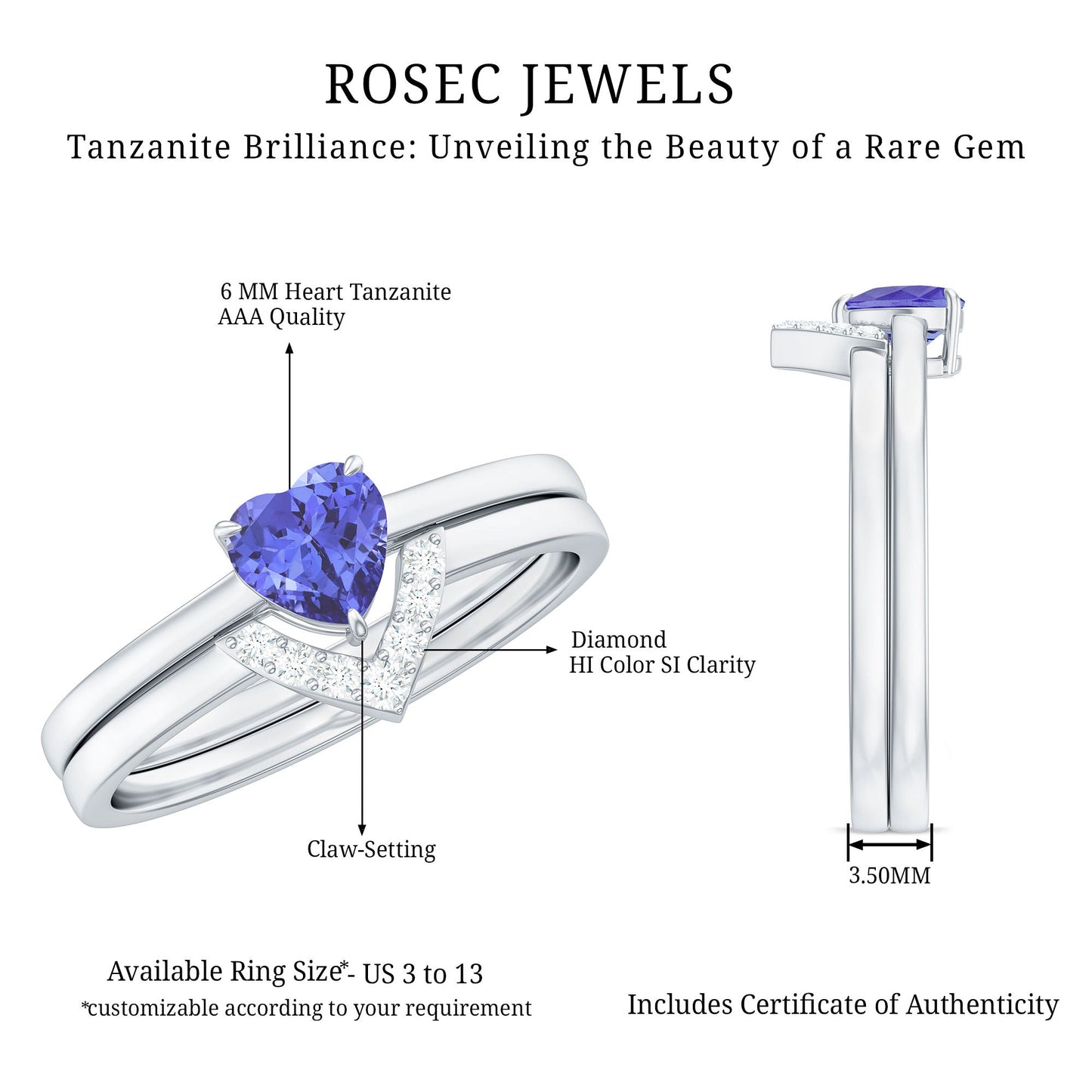 Natural Heart Shape Tanzanite Diamond Wedding Engagement Ring Set