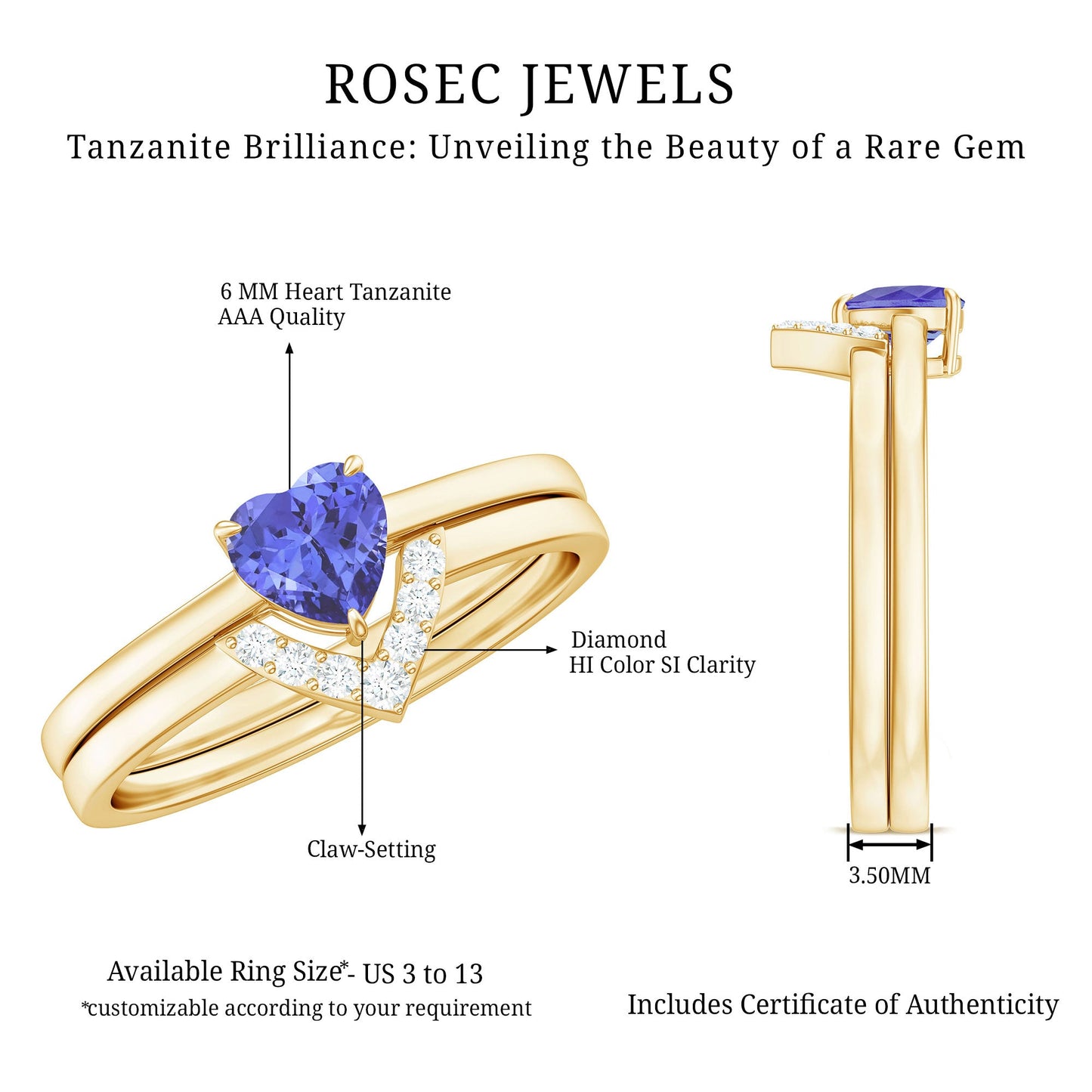 Natural Heart Shape Tanzanite Diamond Wedding Engagement Ring Set