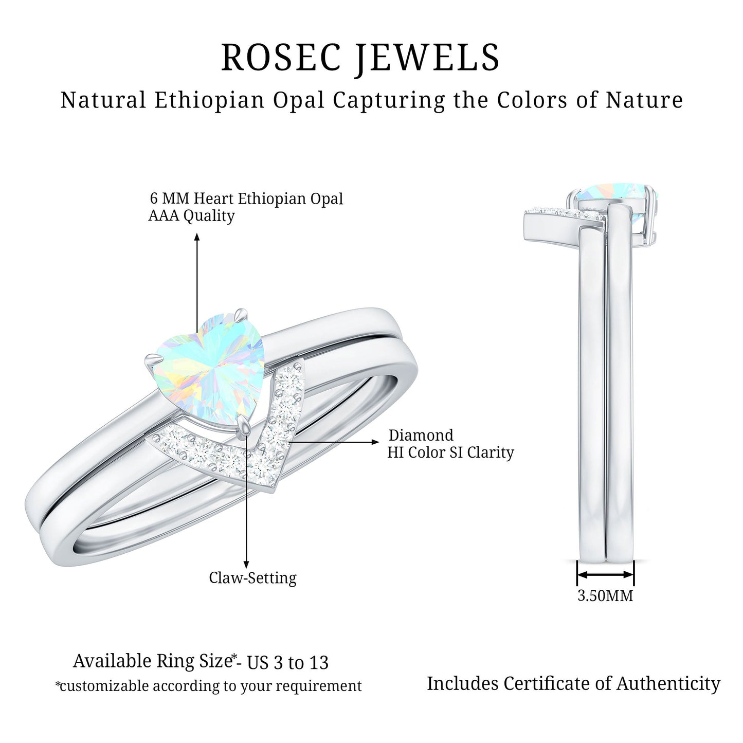 Ethiopian Opal Heart Engagement Ring with Diamond Wedding Band