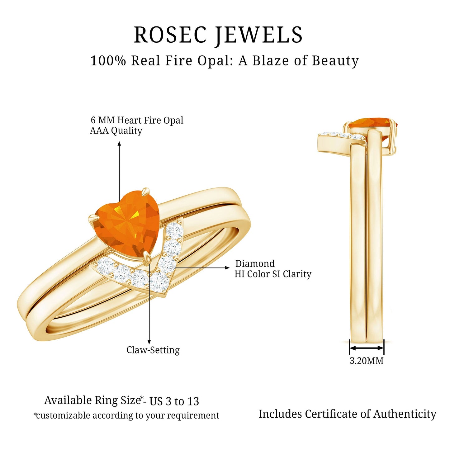 Natural Fire Opal Heart Solitaire Ring Set with Diamond Band