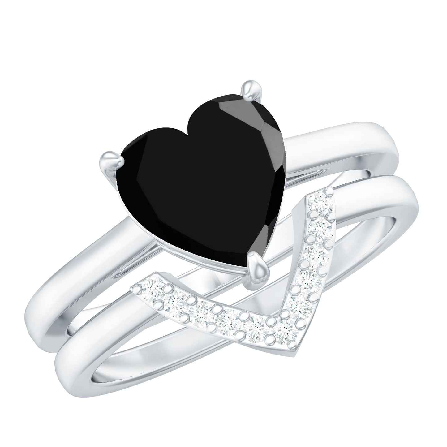 Natural Black Spinel Diamond 2 Carat Heart Engagement and Wedding Ring Set of 2