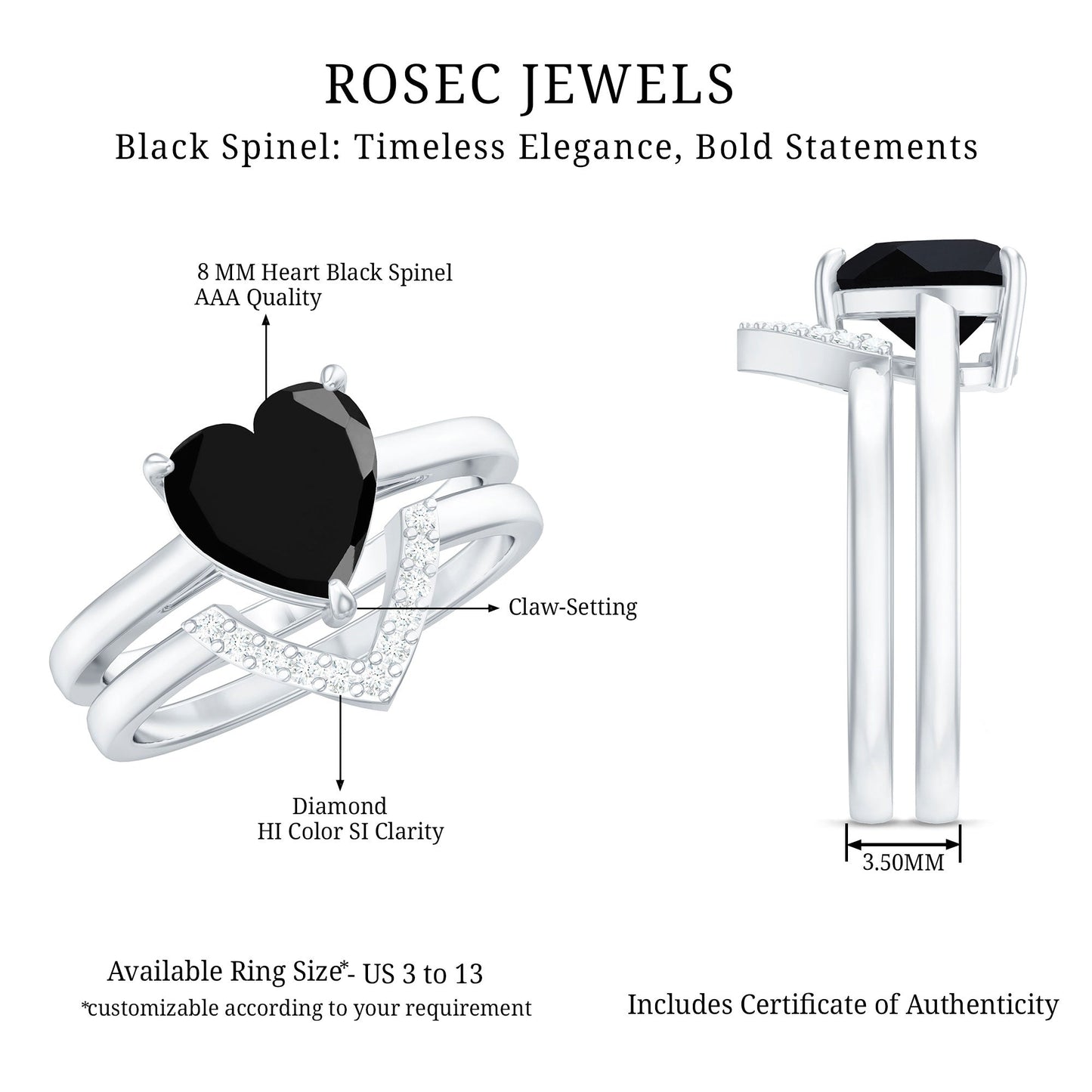 Natural Black Spinel Diamond 2 Carat Heart Engagement and Wedding Ring Set of 2