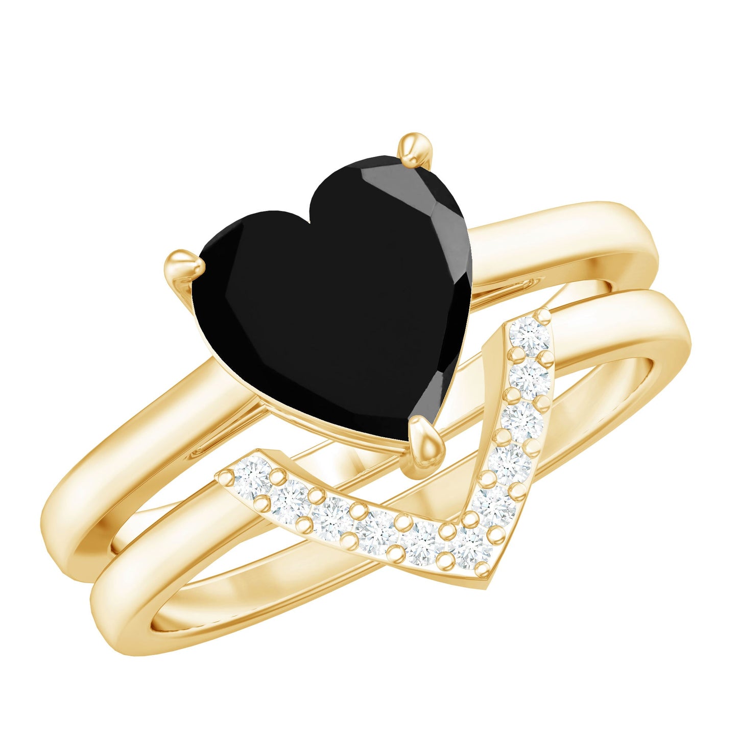 Natural Black Spinel Diamond 2 Carat Heart Engagement and Wedding Ring Set of 2