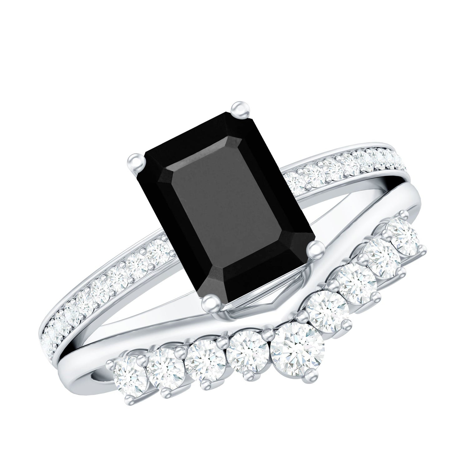 Emerald Cut Created Black Diamond and Diamond Engagement Ring Set