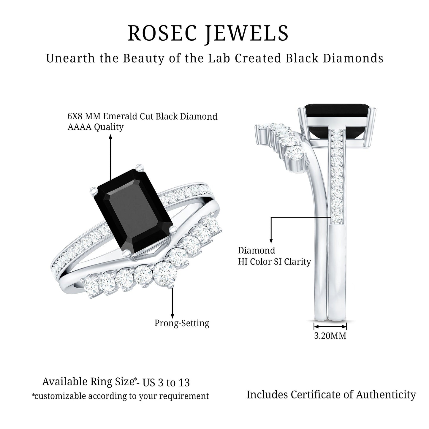 Emerald Cut Created Black Diamond and Diamond Engagement Ring Set