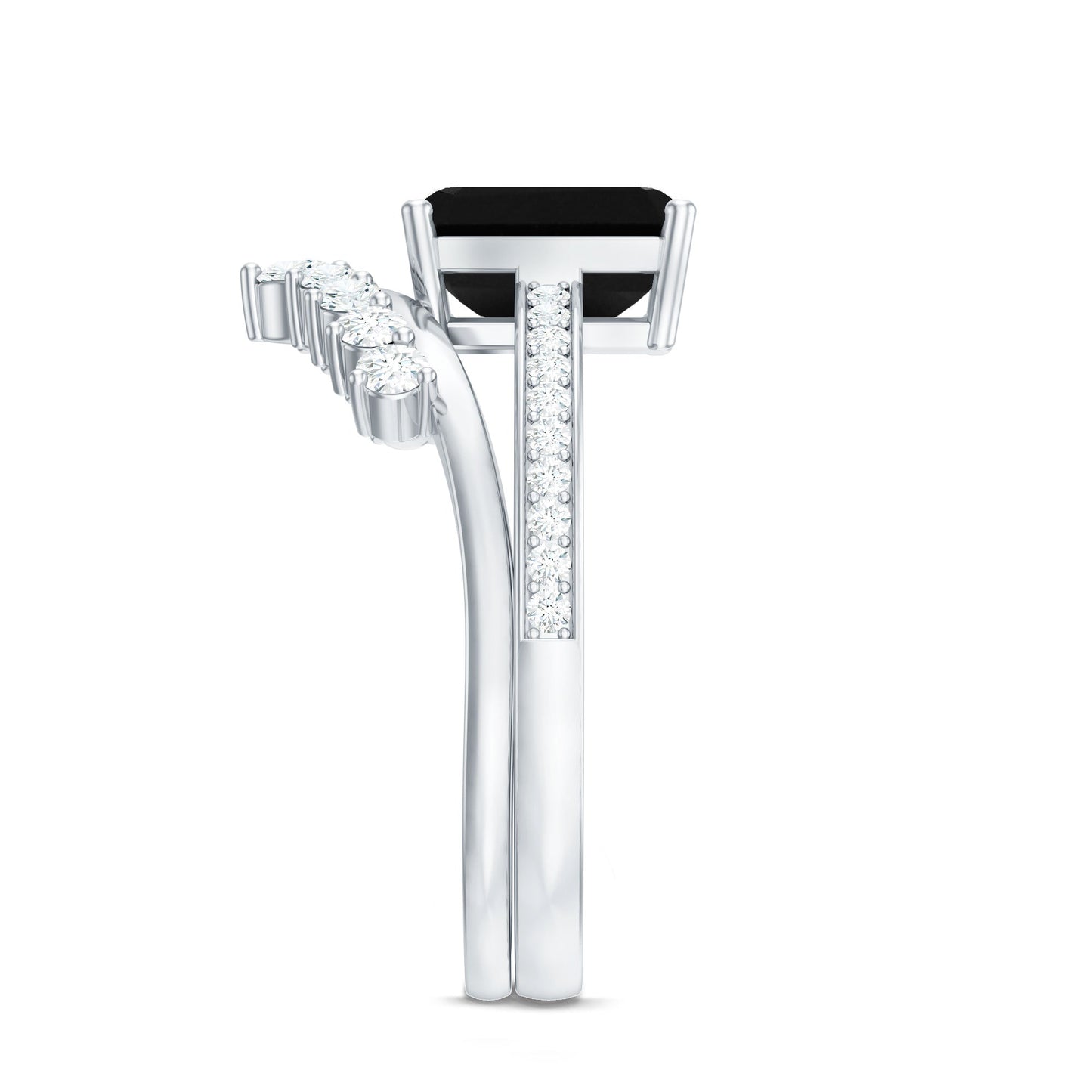 Emerald Cut Created Black Diamond and Diamond Engagement Ring Set