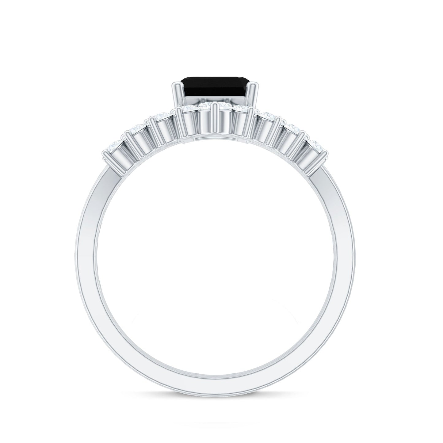 Emerald Cut Created Black Diamond and Diamond Engagement Ring Set