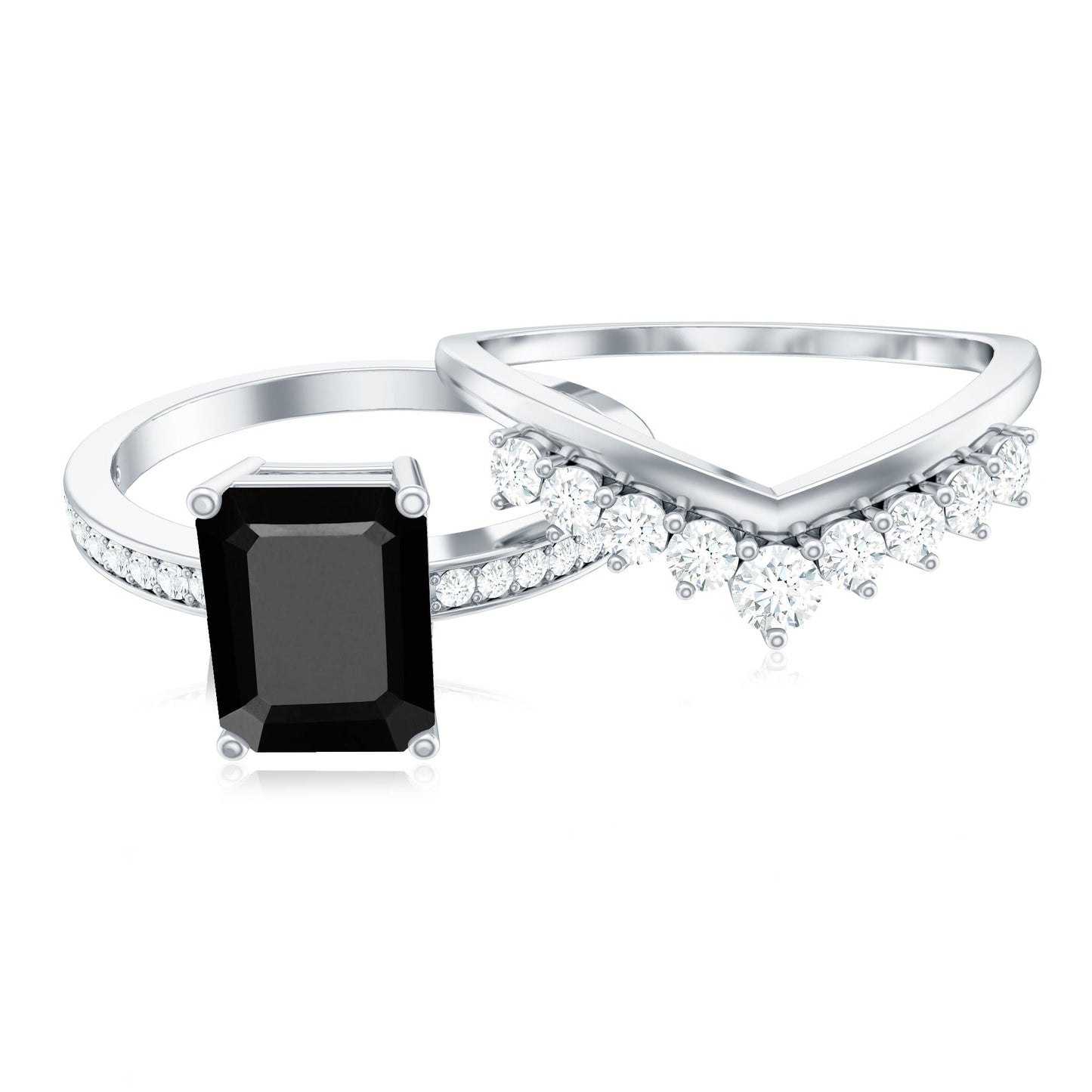 Emerald Cut Created Black Diamond and Diamond Engagement Ring Set
