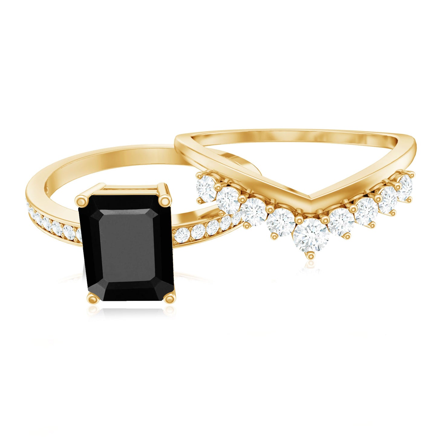 Emerald Cut Created Black Diamond and Diamond Engagement Ring Set