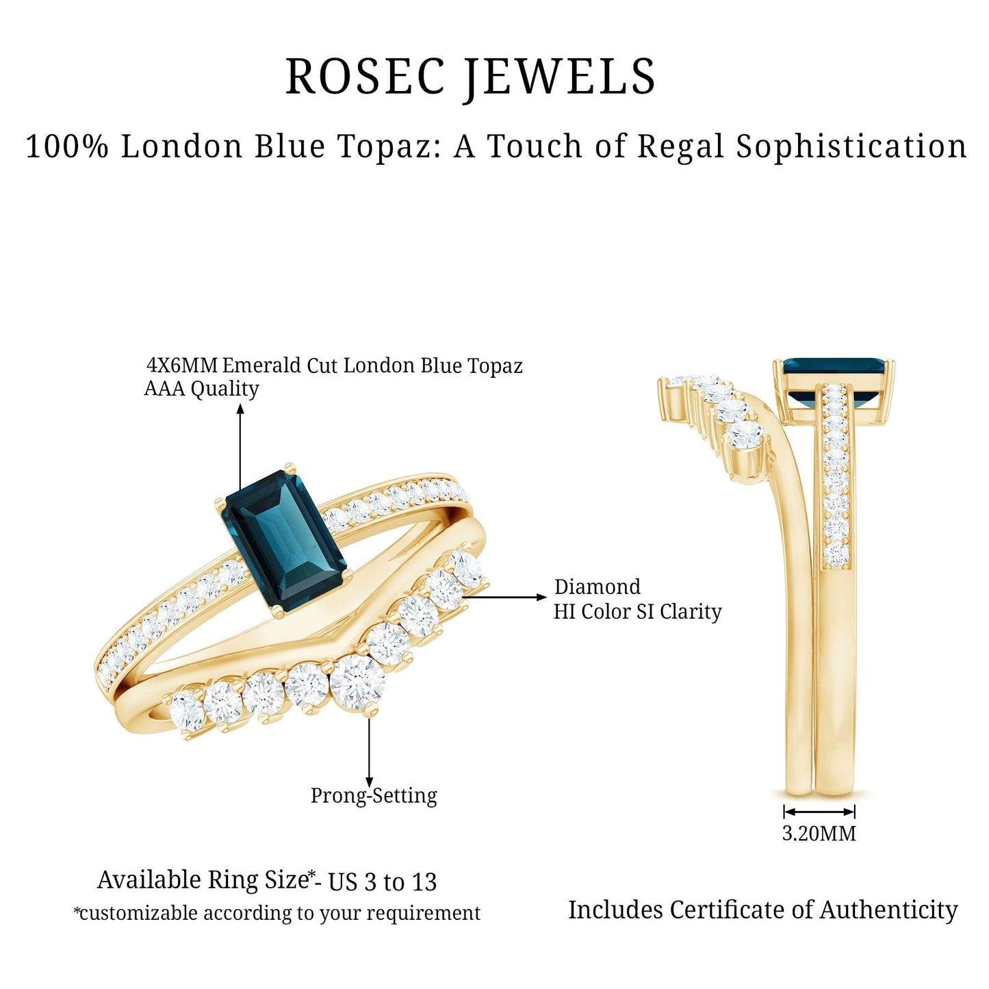 London Blue Topaz Engagement Ring with Diamond Wedding Band