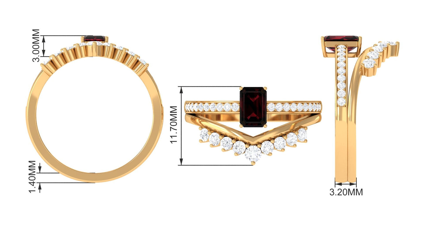 Natural Garnet Emerald Cut Engagement Ring With Diamond Wedding Band