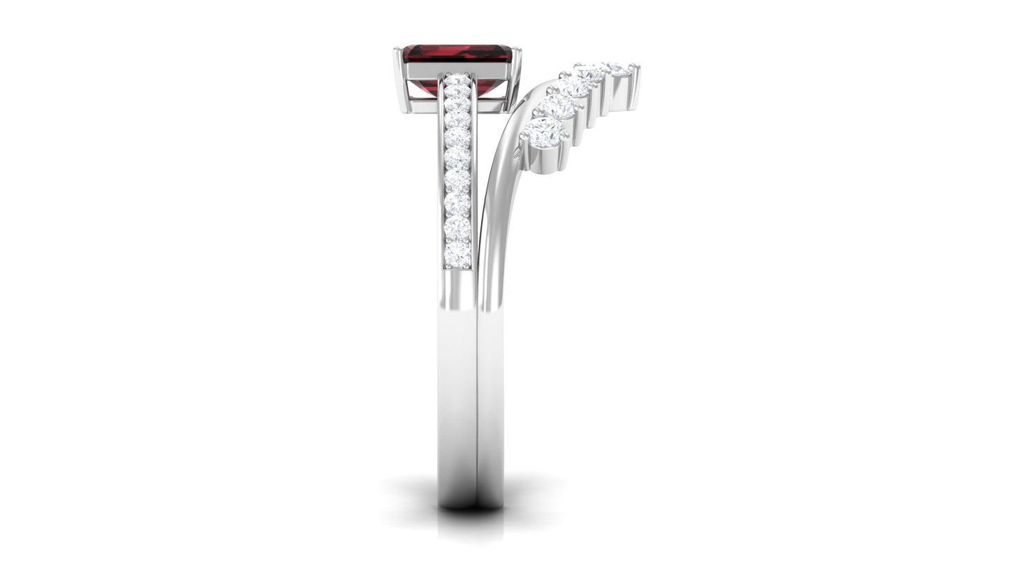 Natural Garnet Emerald Cut Engagement Ring With Diamond Wedding Band