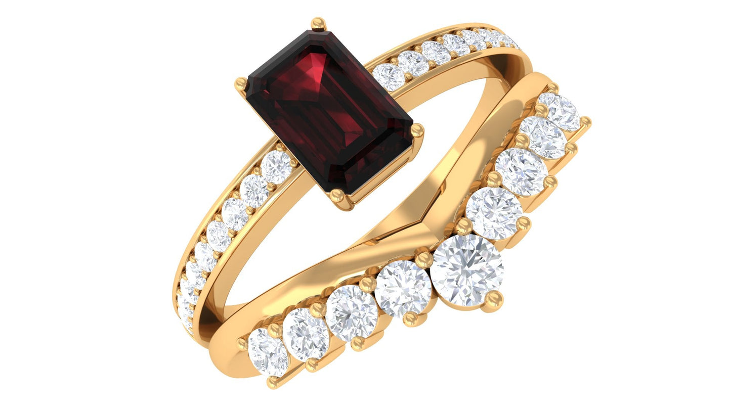 Natural Garnet Emerald Cut Engagement Ring With Diamond Wedding Band