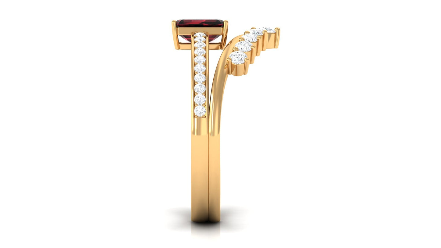 Natural Garnet Emerald Cut Engagement Ring With Diamond Wedding Band