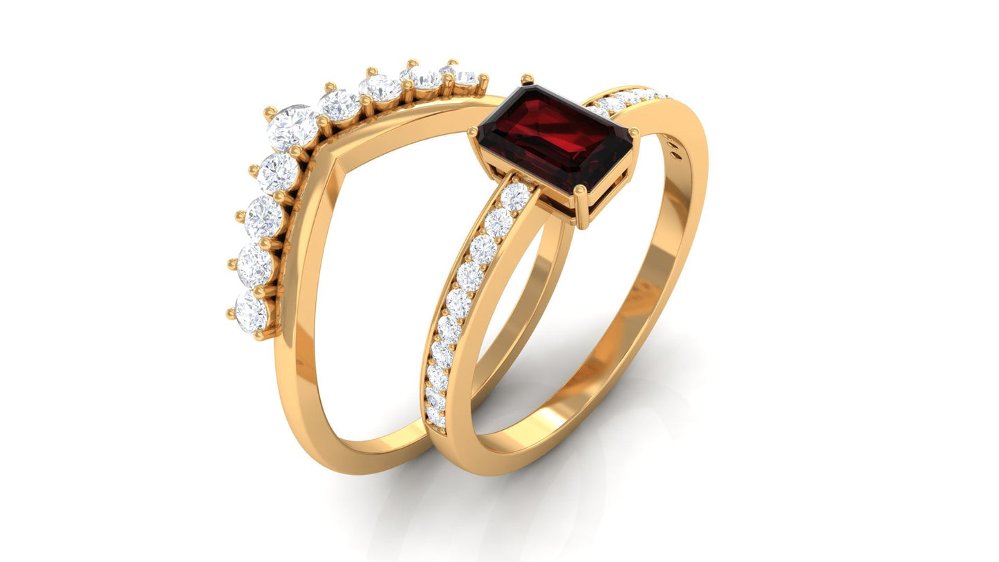 Natural Garnet Emerald Cut Engagement Ring With Diamond Wedding Band
