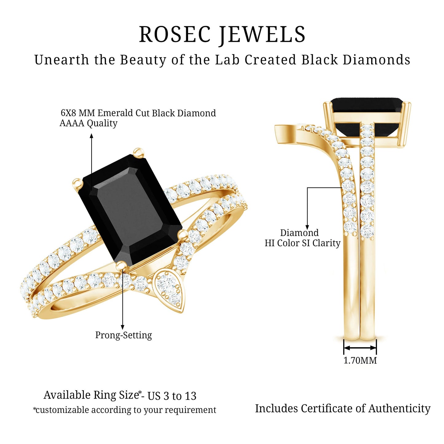 1.6 Carat Emerald Cut Lab Grown Black and White Diamond Wedding Ring Set for Women