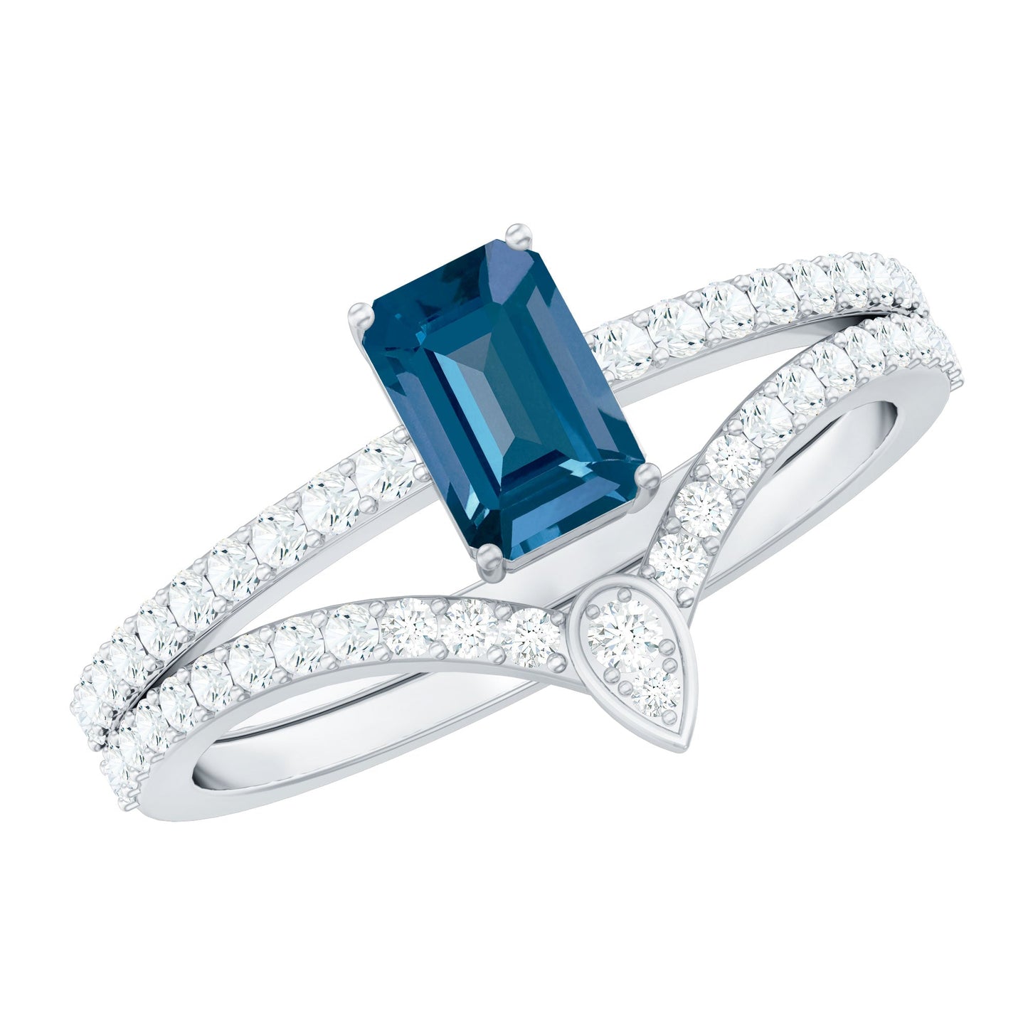 Genuine London Blue Topaz Emerald Cut Engagement Ring Set with Diamond Band