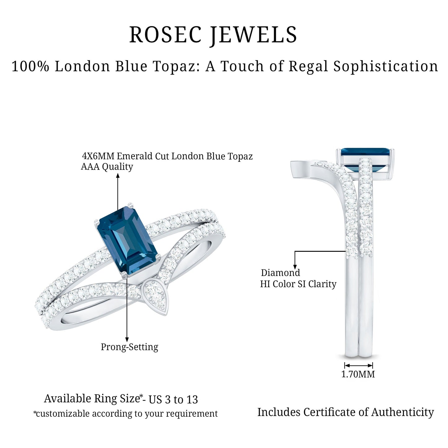 Genuine London Blue Topaz Emerald Cut Engagement Ring Set with Diamond Band