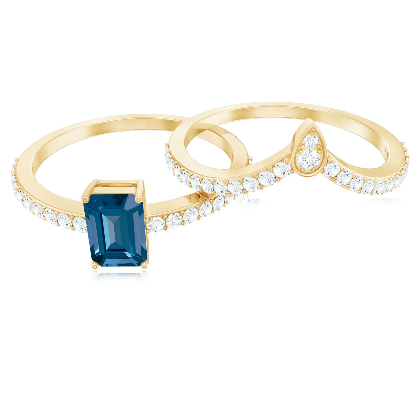 Genuine London Blue Topaz Emerald Cut Engagement Ring Set with Diamond Band