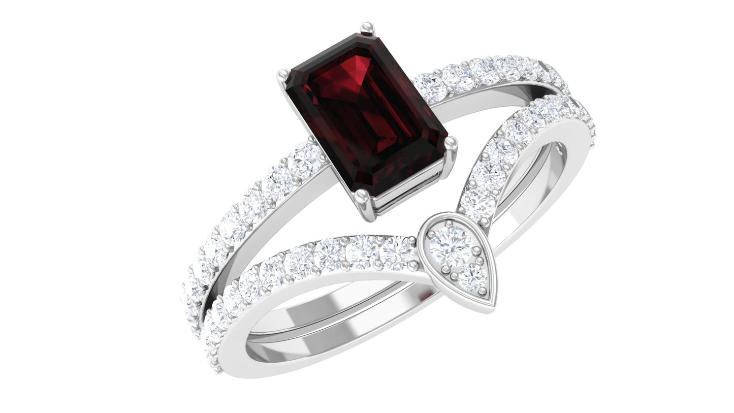Real 0.7 Carat Garnet Diamond Emerald Cut Wedding Bridal Ring Set of 2