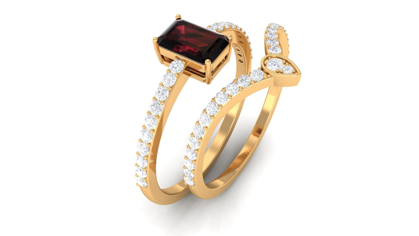 Real 0.7 Carat Garnet Diamond Emerald Cut Wedding Bridal Ring Set of 2