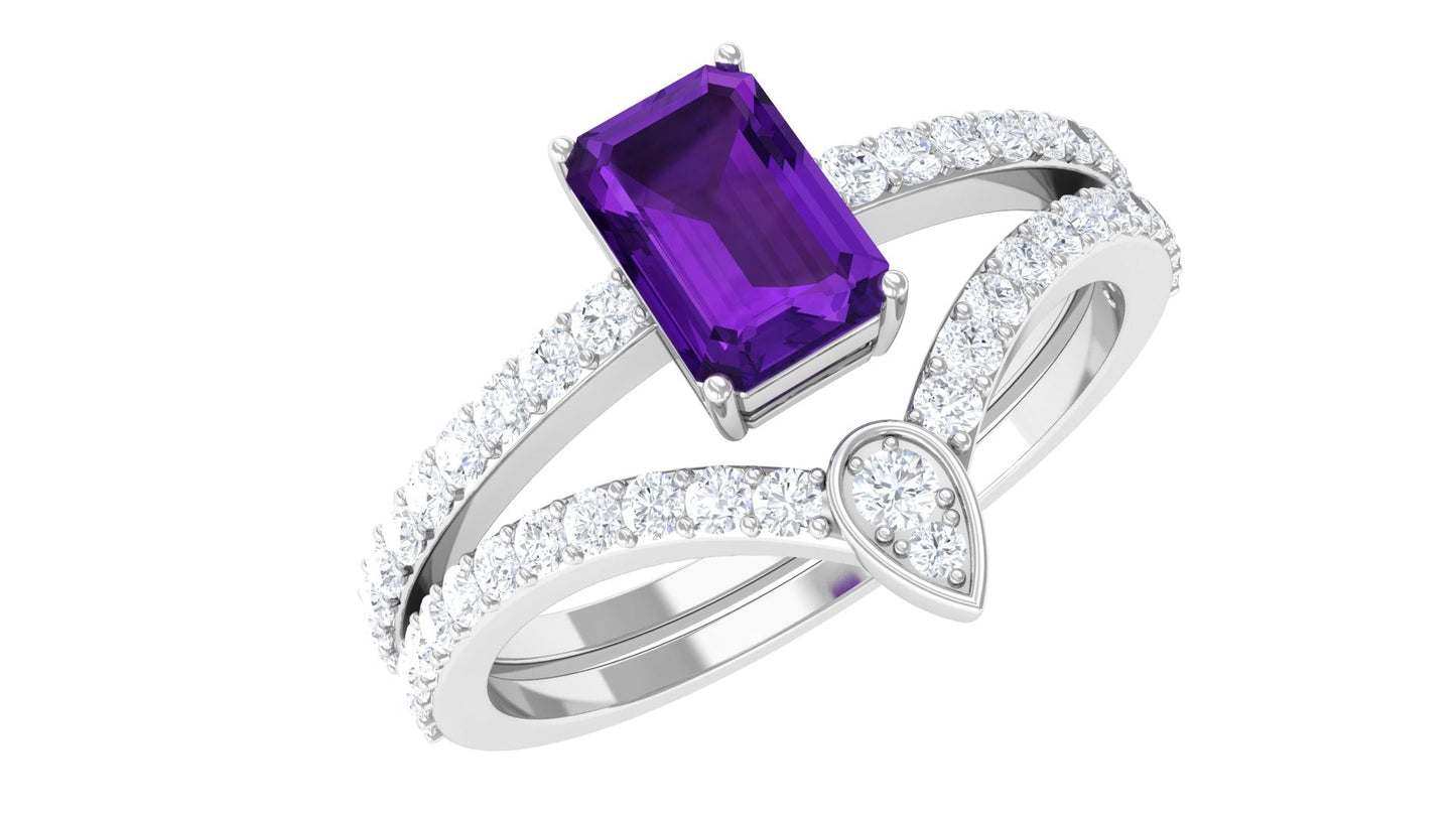 Natural 1.4 Carat Emerald Cut Amethyst Diamond Wedding Ring Set