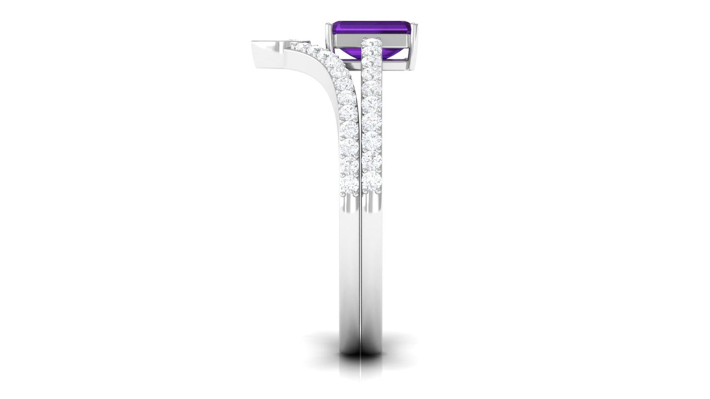 Natural 1.4 Carat Emerald Cut Amethyst Diamond Wedding Ring Set