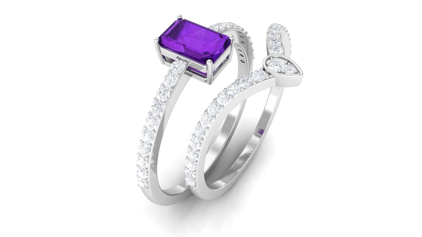 Natural 1.4 Carat Emerald Cut Amethyst Diamond Wedding Ring Set