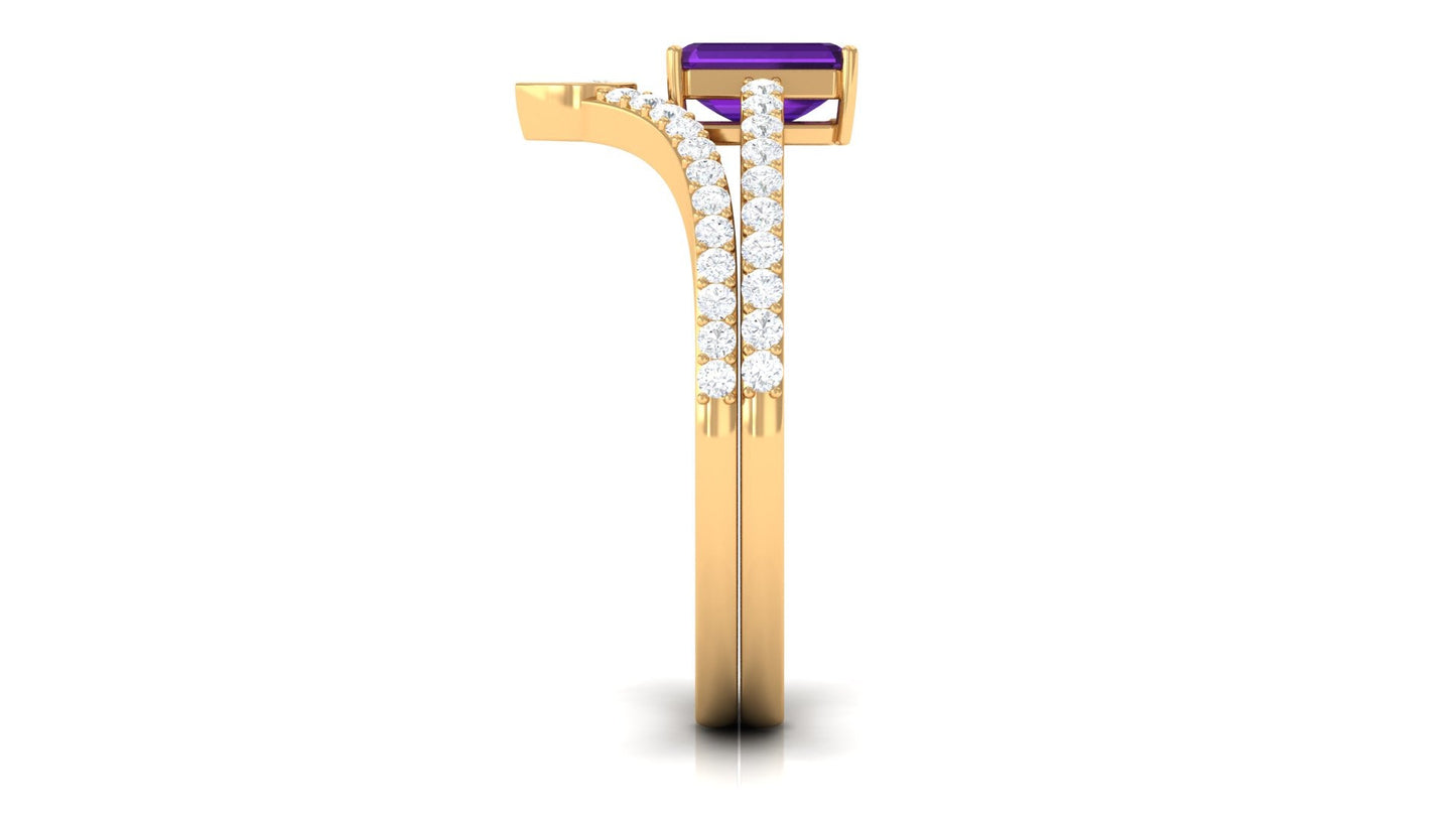 Natural 1.4 Carat Emerald Cut Amethyst Diamond Wedding Ring Set