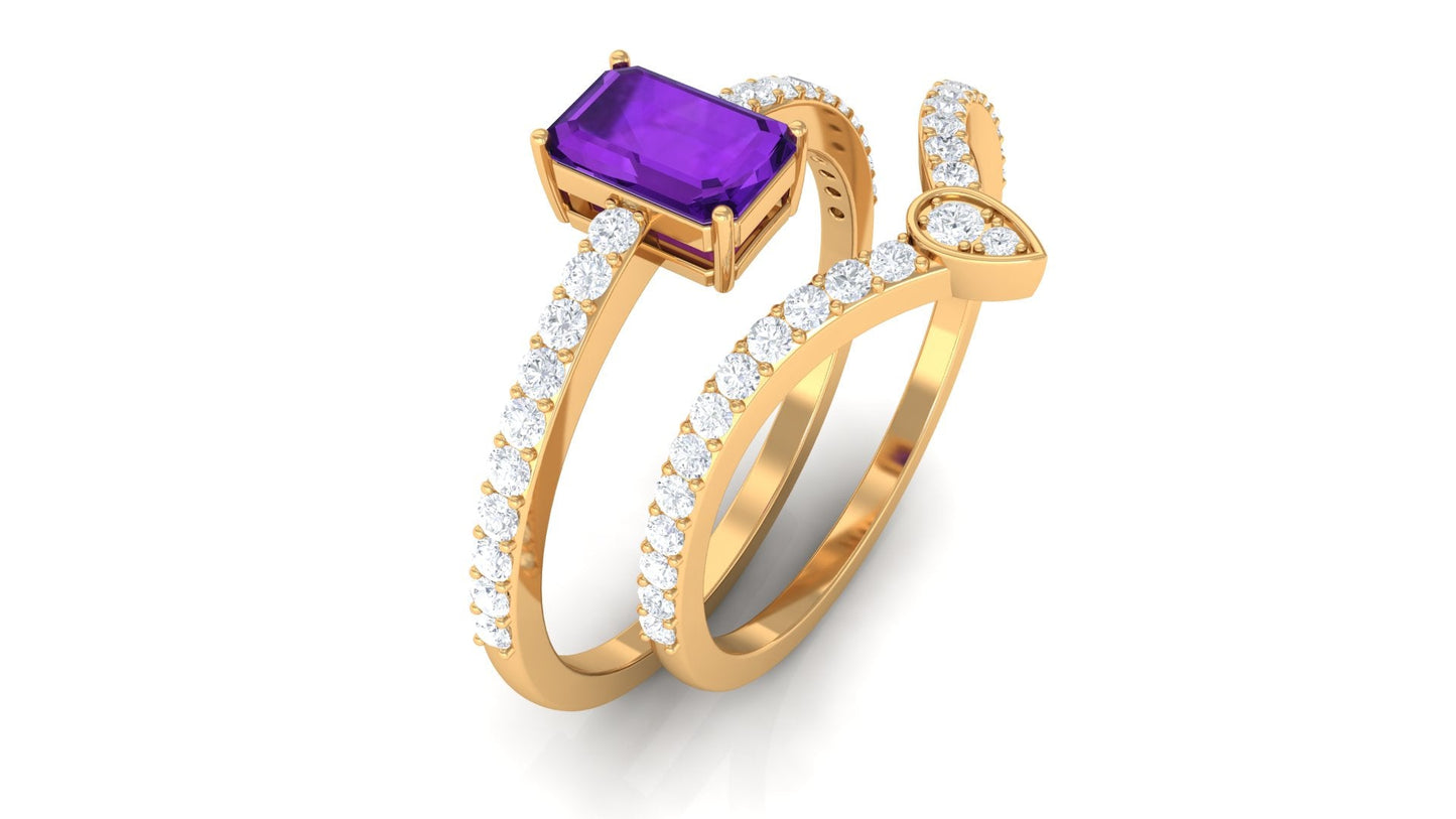 Natural 1.4 Carat Emerald Cut Amethyst Diamond Wedding Ring Set