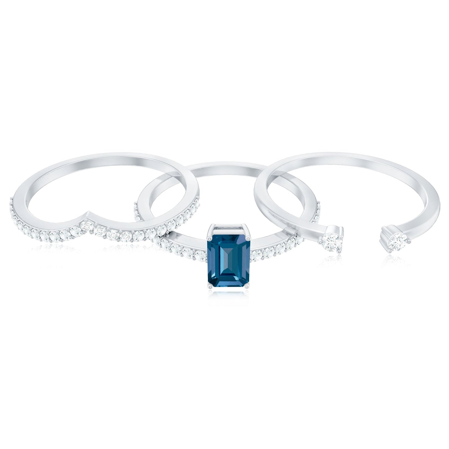 0.7 Carat Emerald Cut London Blue Topaz Curved Wedding Ring Set with Certificate