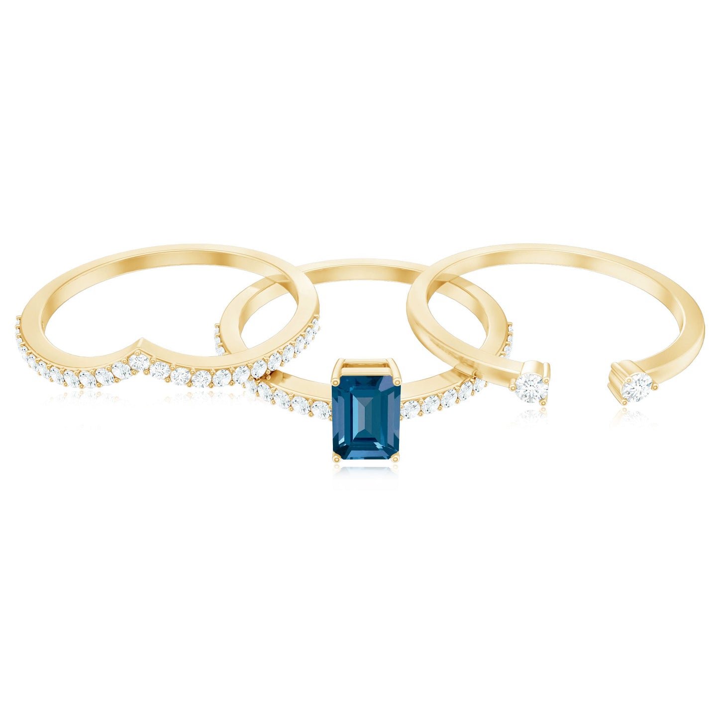 0.7 Carat Emerald Cut London Blue Topaz Curved Wedding Ring Set with Certificate
