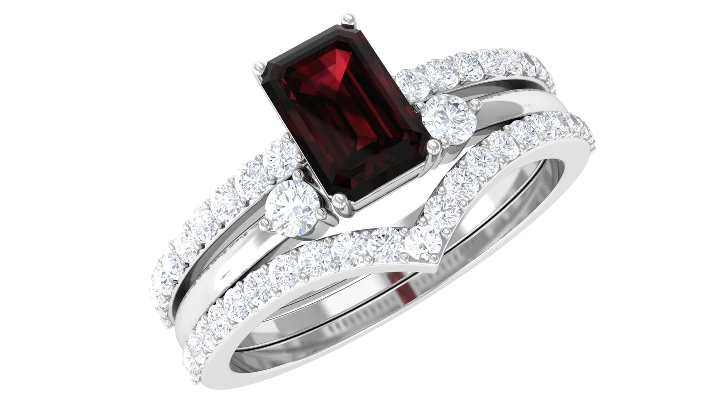 0.7 Carat Natural Emerald Cut Garnet Diamond Wedding Bridal Ring Set of 3