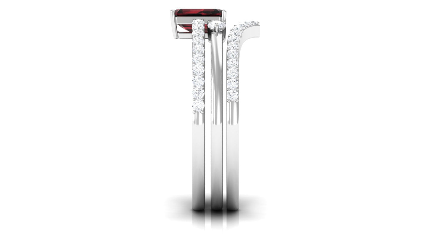 0.7 Carat Natural Emerald Cut Garnet Diamond Wedding Bridal Ring Set of 3