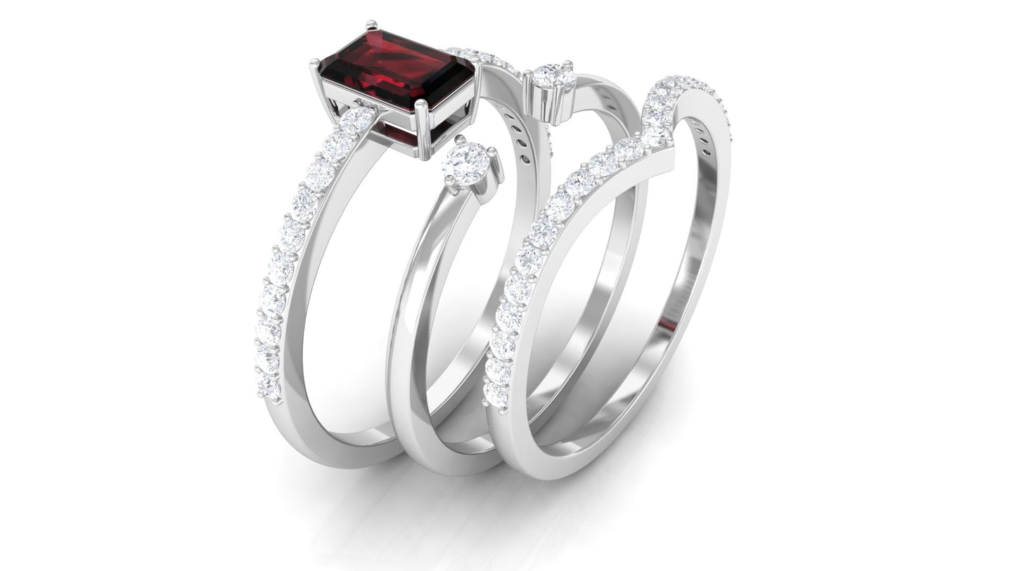 0.7 Carat Natural Emerald Cut Garnet Diamond Wedding Bridal Ring Set of 3