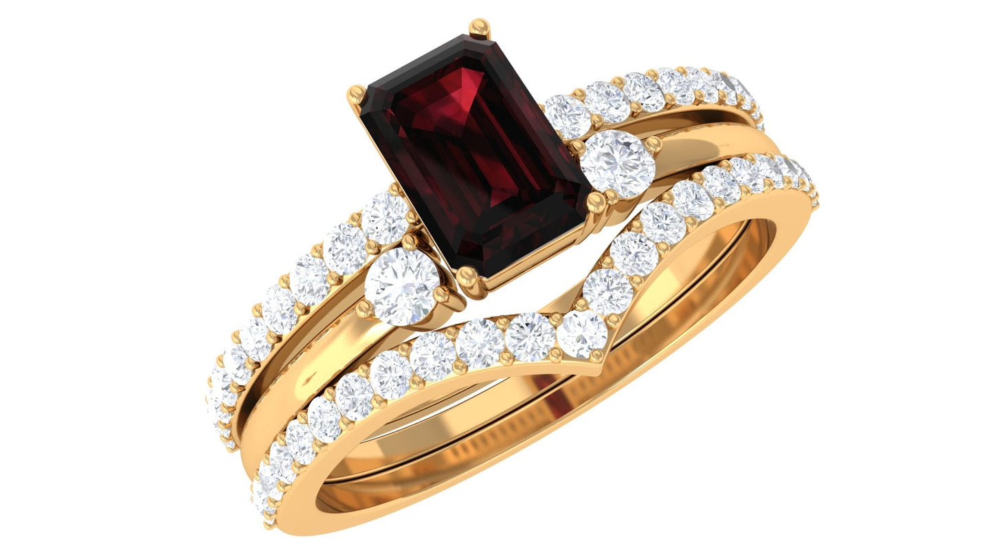 0.7 Carat Natural Emerald Cut Garnet Diamond Wedding Bridal Ring Set of 3
