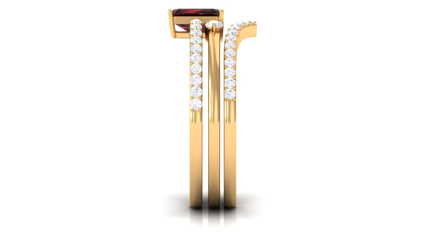 0.7 Carat Natural Emerald Cut Garnet Diamond Wedding Bridal Ring Set of 3