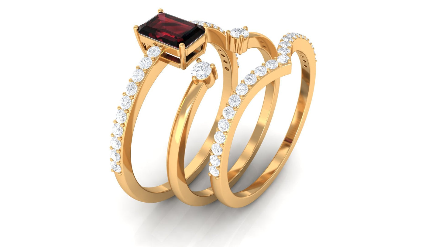 0.7 Carat Natural Emerald Cut Garnet Diamond Wedding Bridal Ring Set of 3