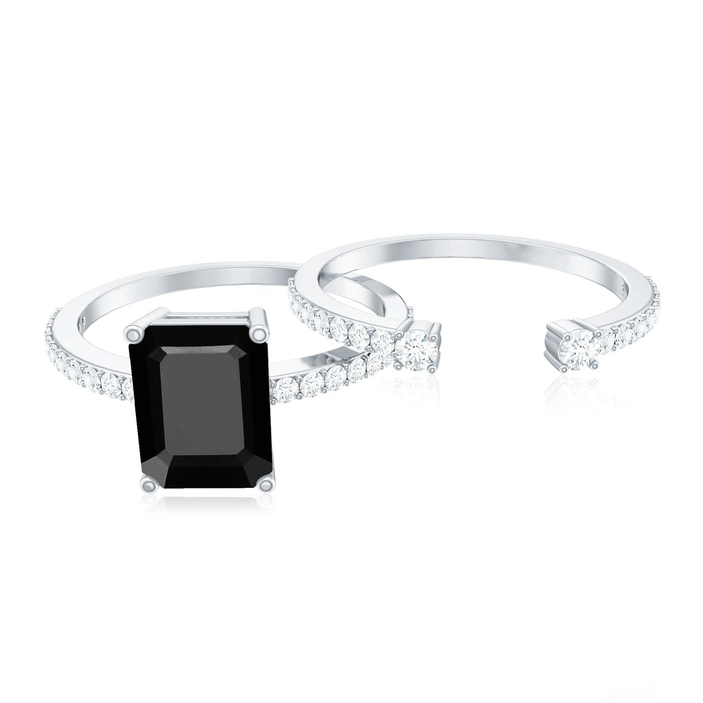 Emerald Cut Created Black Diamond Engagement Ring Set with Diamond