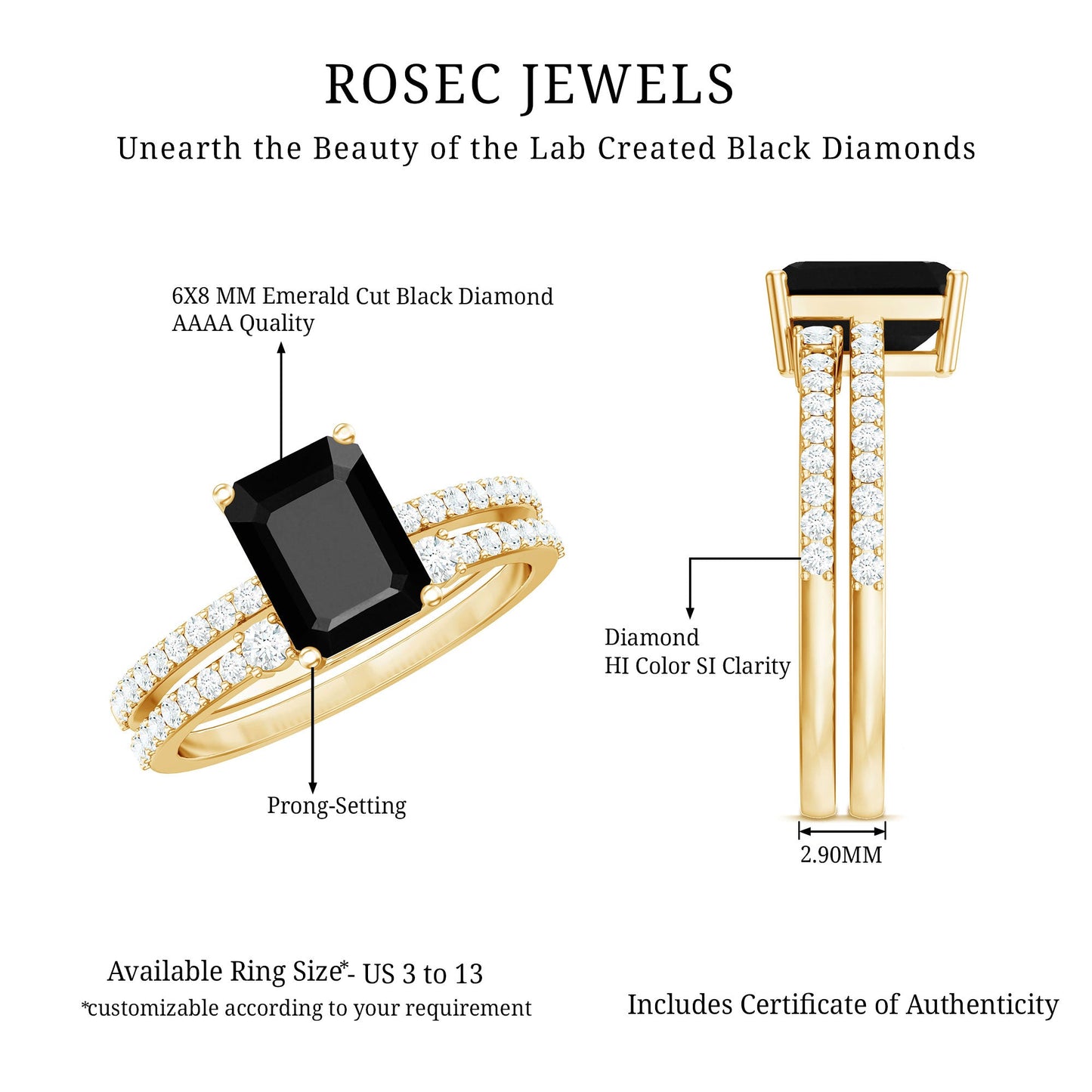 Emerald Cut Created Black Diamond Engagement Ring Set with Diamond