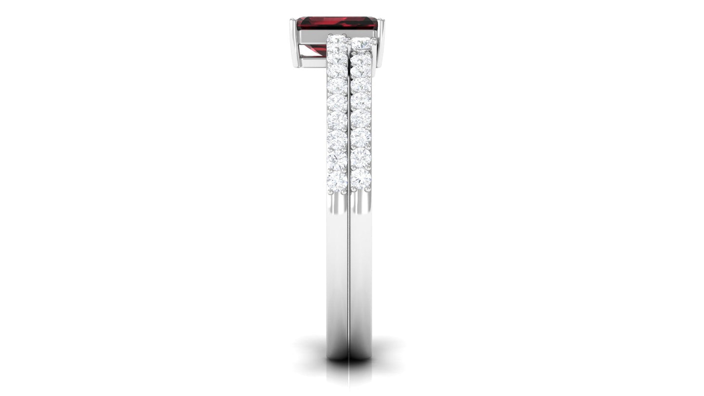 Certified Real Garnet Diamond Emerald Cut Engagement Ring with Wedding Band Cuff