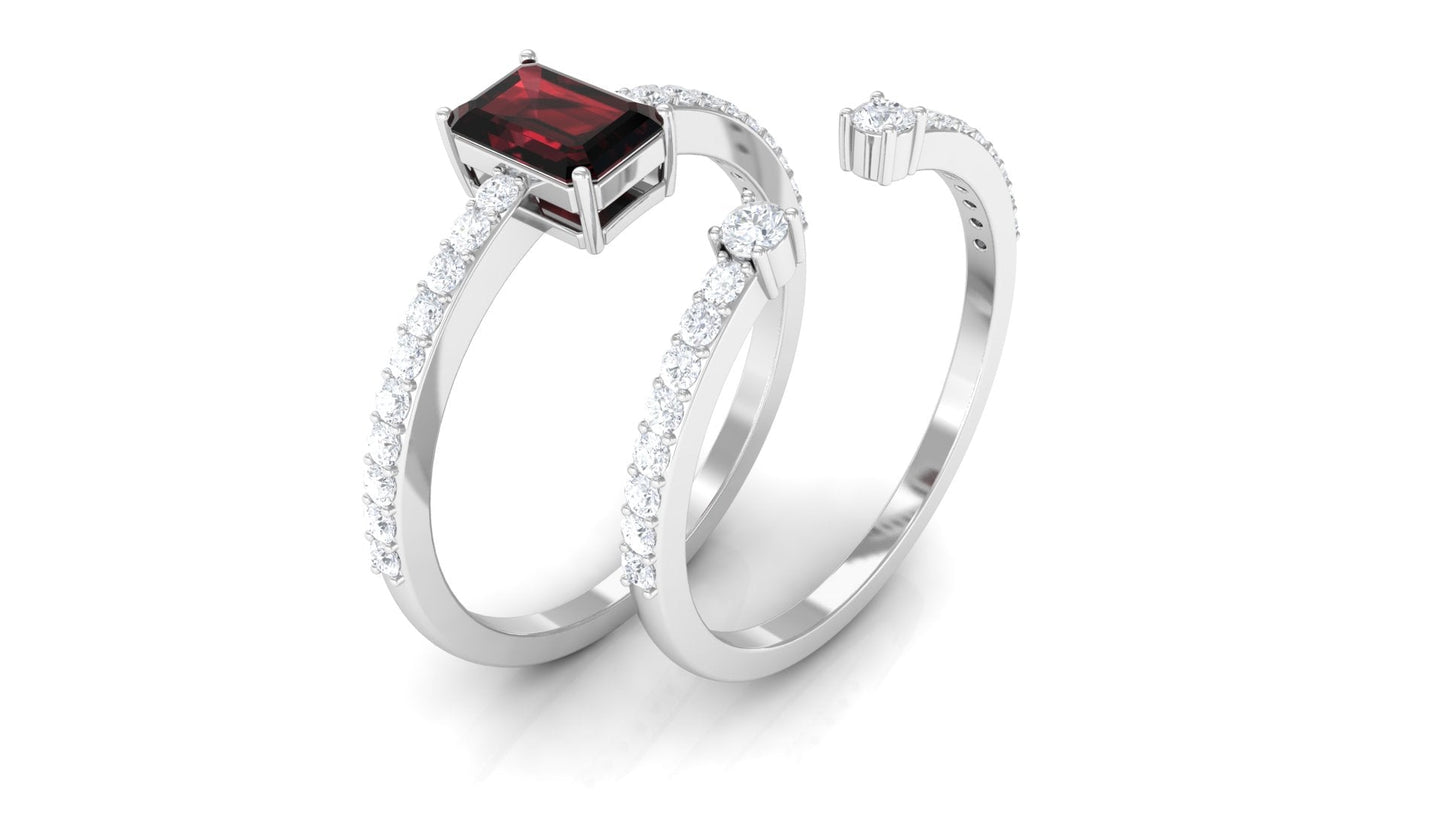 Certified Real Garnet Diamond Emerald Cut Engagement Ring with Wedding Band Cuff